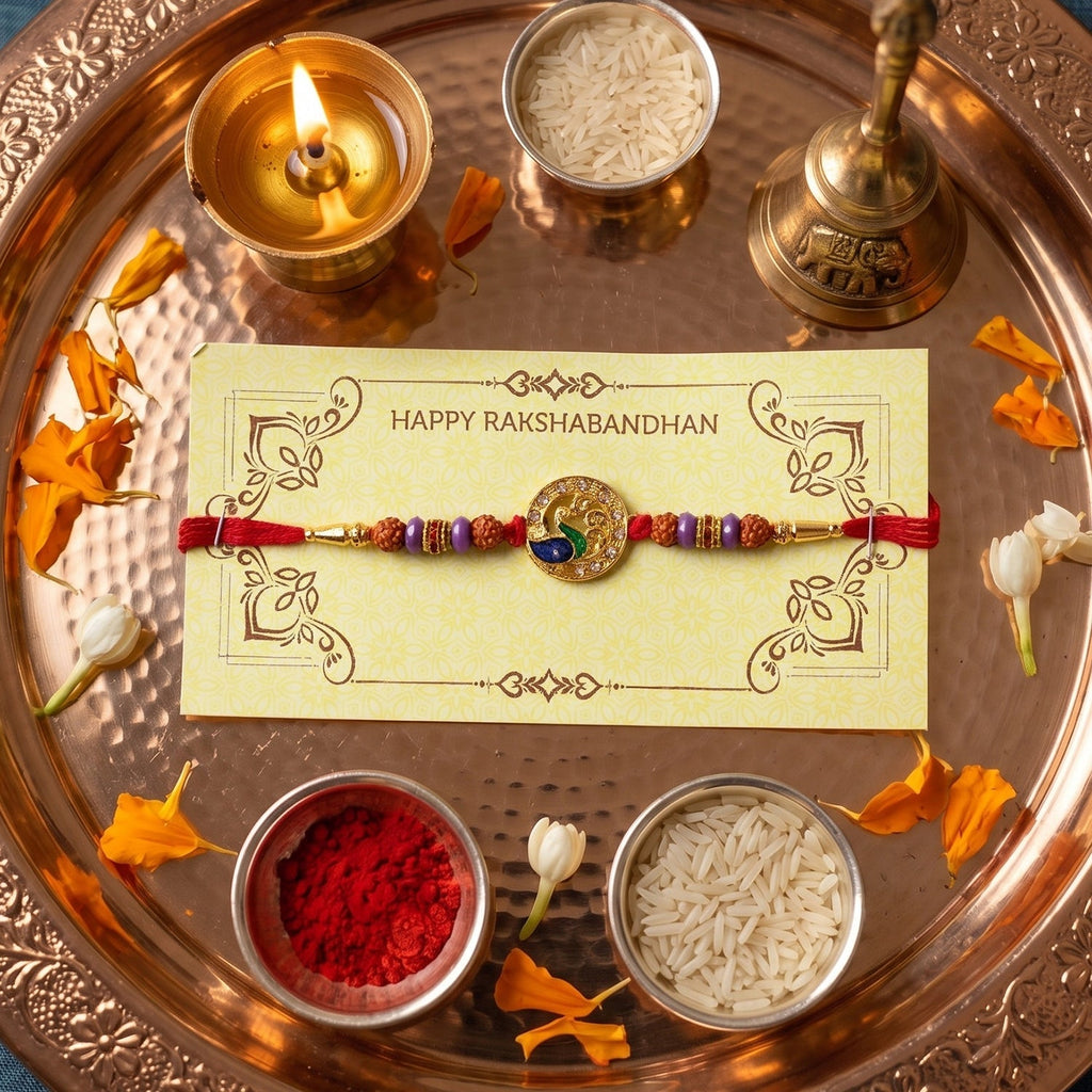 ALVENZA Peacock Design Rakhi – Elegant Rudraksha Beads for Raksha Bandhan