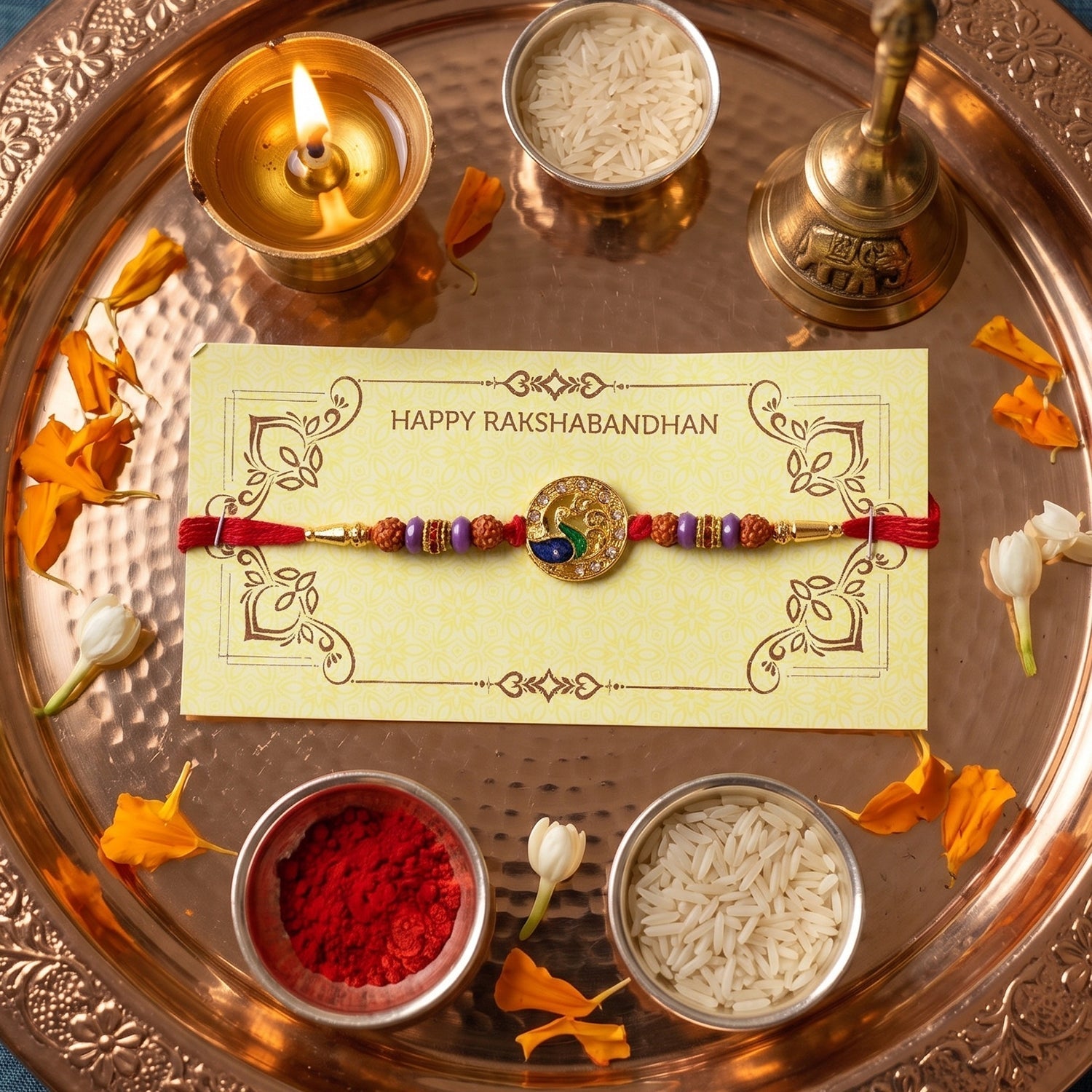 ALVENZA Peacock Design Rakhi – Elegant Rudraksha Beads for Raksha Bandhan