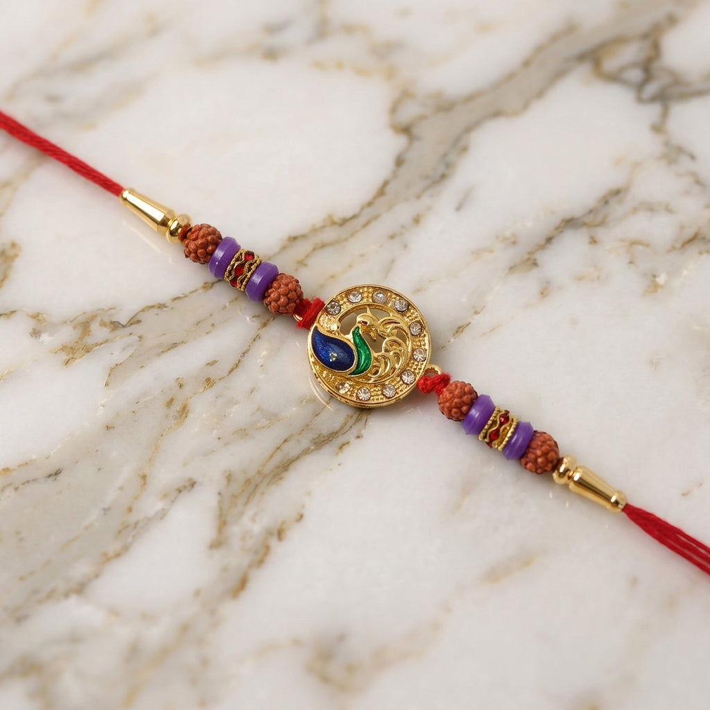 ALVENZA Peacock Design Rakhi – Elegant Rudraksha Beads for Raksha Bandhan