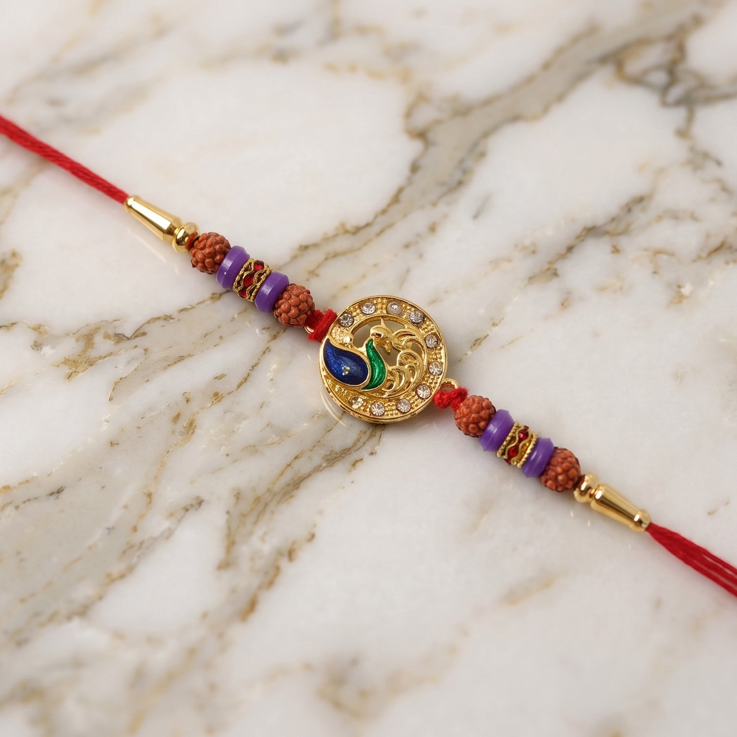 ALVENZA Peacock Design Rakhi – Elegant Rudraksha Beads for Raksha Bandhan
