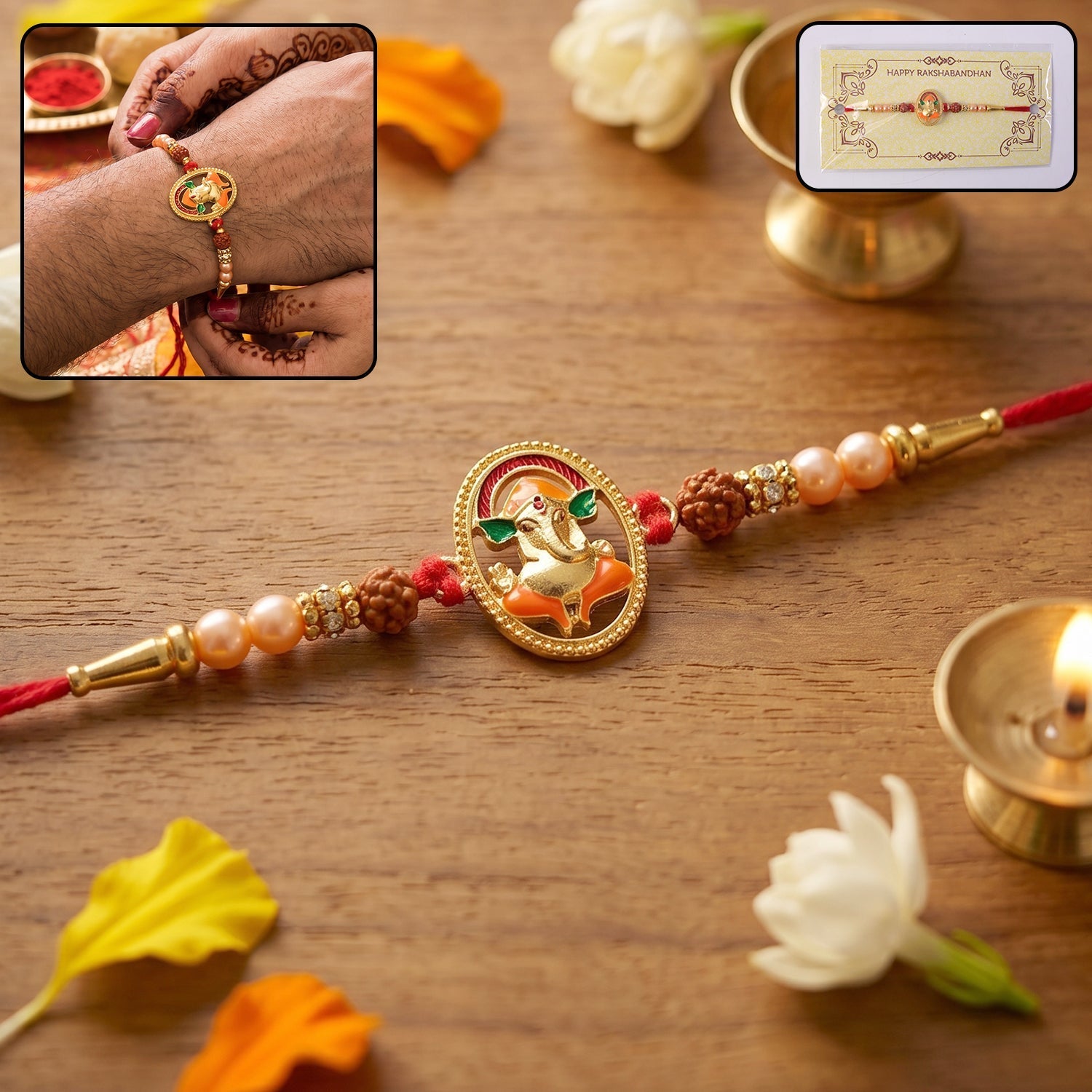 ALVENZA Ganesh Design Rakhi – Elegant Rudraksha Beads for Raksha Bandhan
