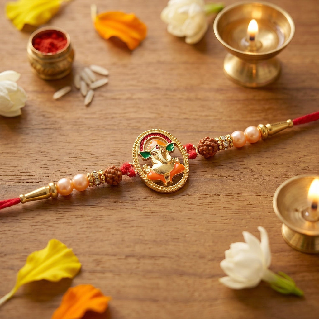 ALVENZA Ganesh Design Rakhi – Elegant Rudraksha Beads for Raksha Bandhan