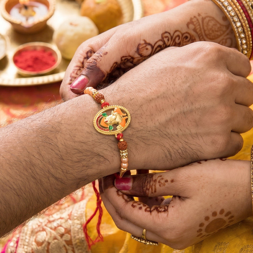 ALVENZA Ganesh Design Rakhi – Elegant Rudraksha Beads for Raksha Bandhan