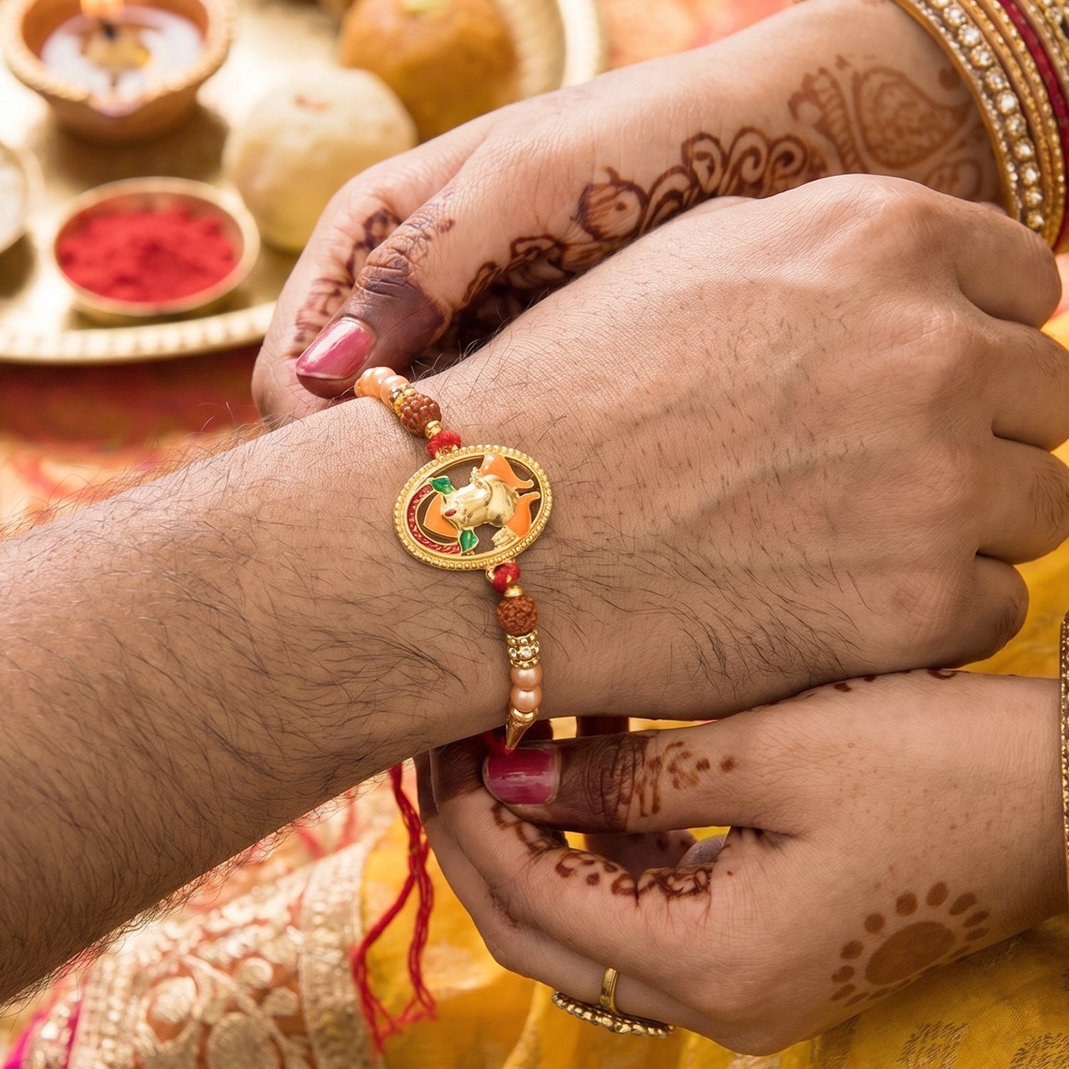 ALVENZA Ganesh Design Rakhi – Elegant Rudraksha Beads for Raksha Bandhan