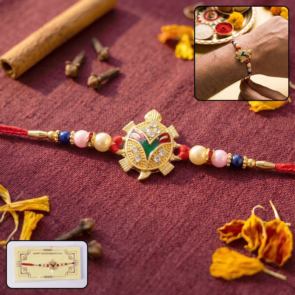 ALVENZA Golden Turtle Rakhi – Elegant Pearl Beads & Soft Thread for Raksha Bandhan