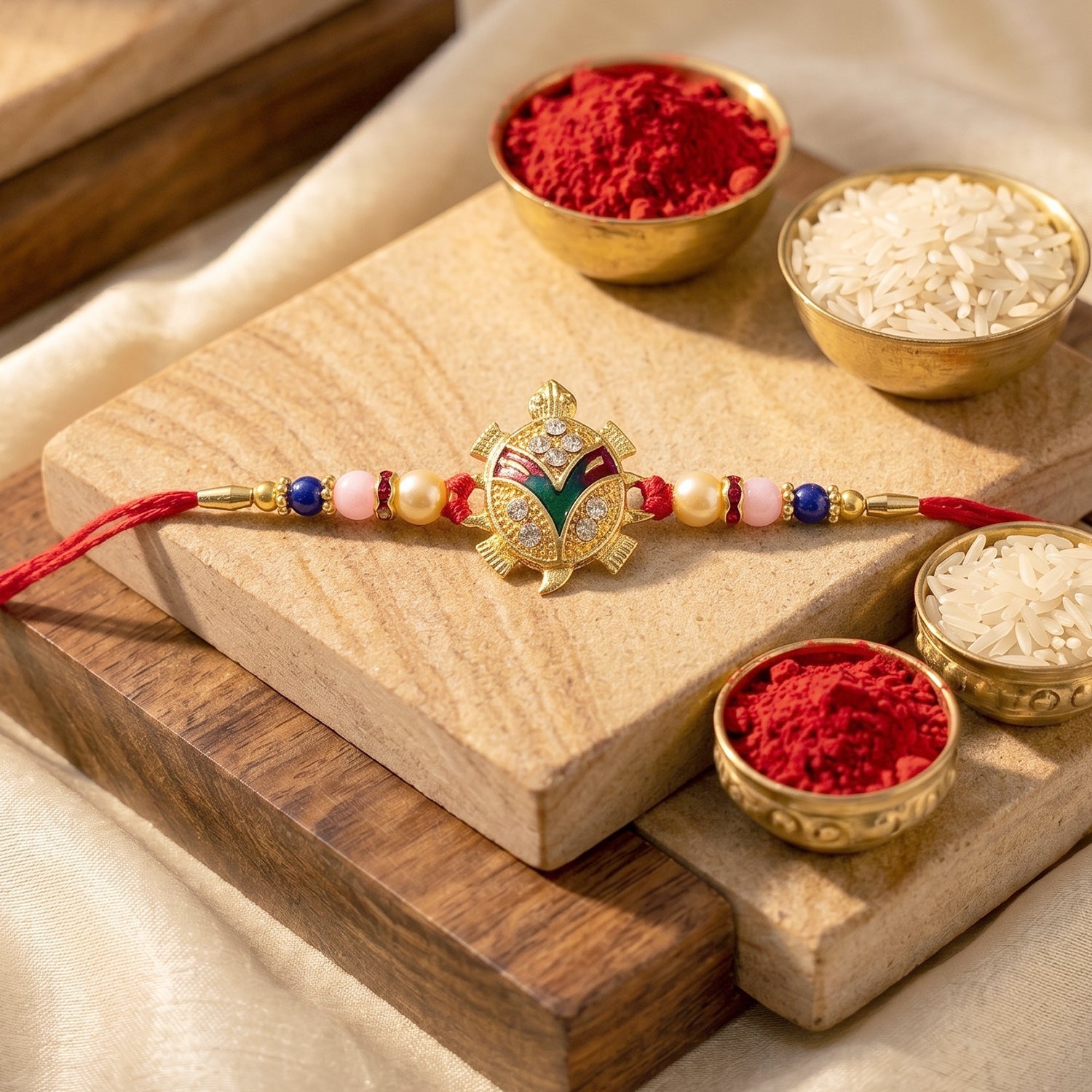 ALVENZA Golden Turtle Rakhi – Elegant Pearl Beads & Soft Thread for Raksha Bandhan