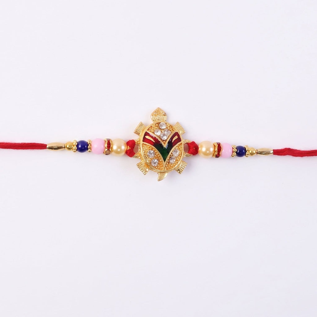 ALVENZA Golden Turtle Rakhi – Elegant Pearl Beads & Soft Thread for Raksha Bandhan