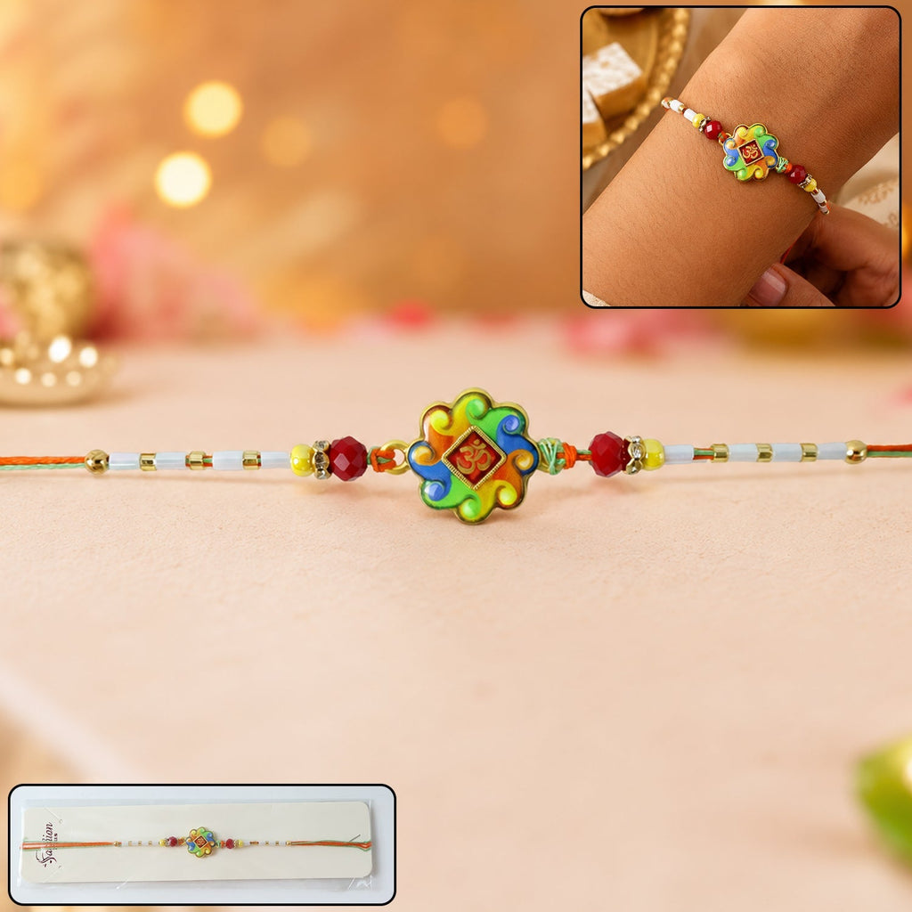 ALVENZA Colorful Om Rakhi – Vibrant Beaded Traditional Thread