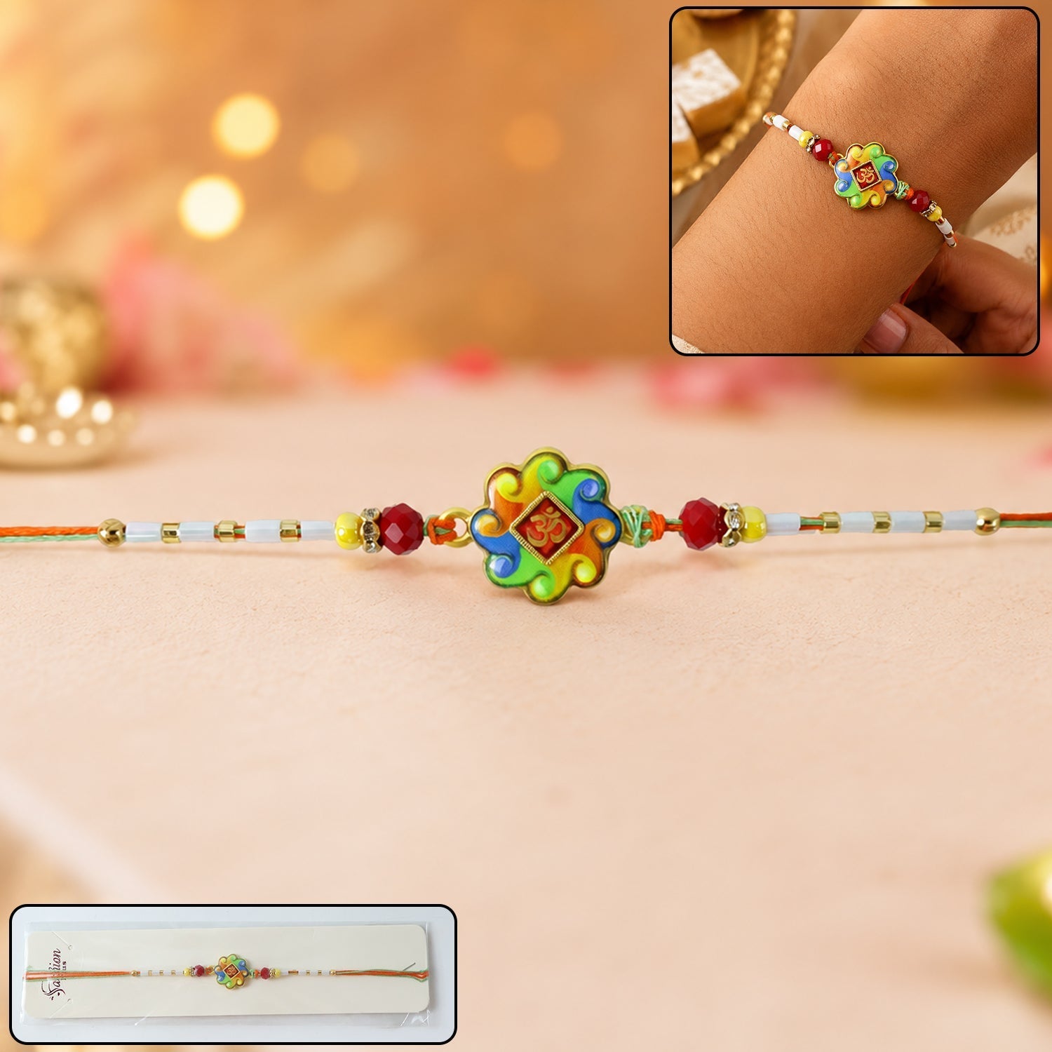 ALVENZA Colorful Om Rakhi – Vibrant Beaded Traditional Thread