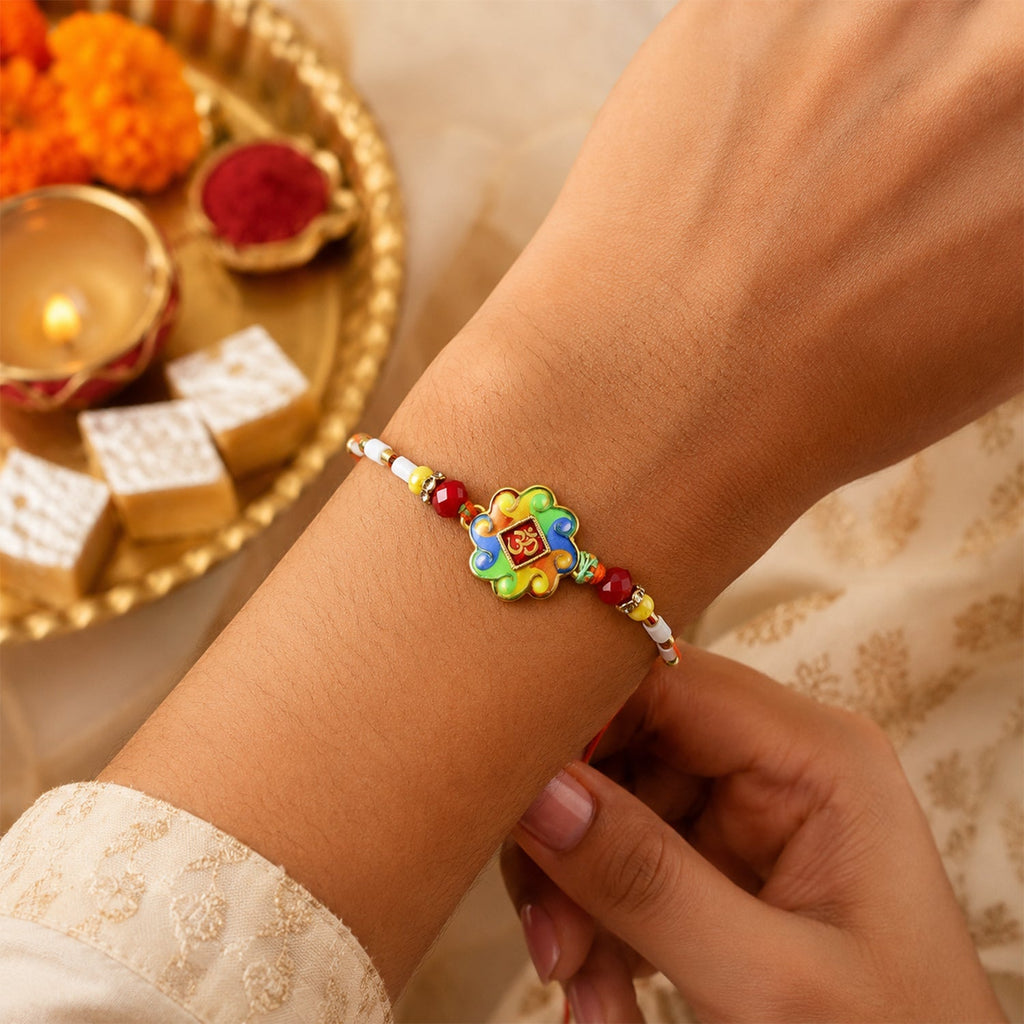 ALVENZA Colorful Om Rakhi – Vibrant Beaded Traditional Thread