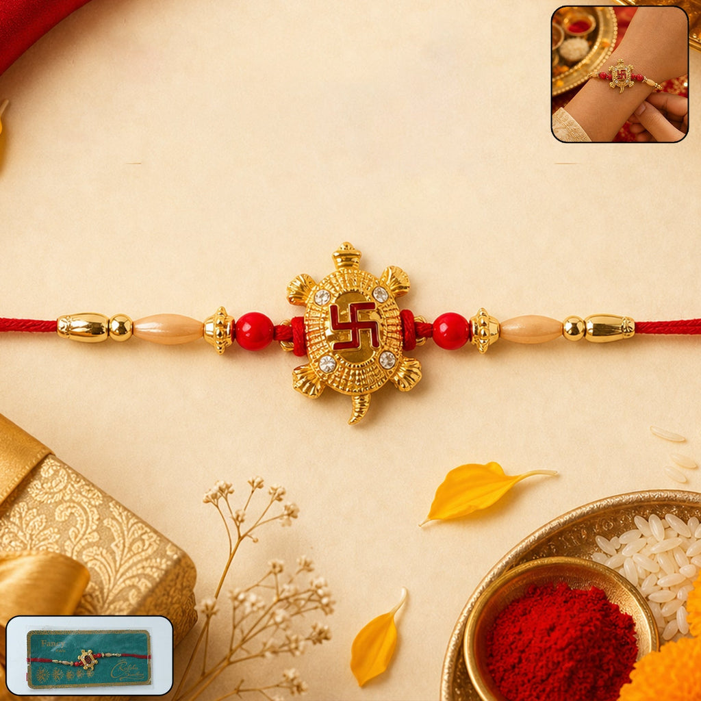 ALVENZA Rakshabandhan Turtle Swastik Rakhi – Elegant Red Thread Design