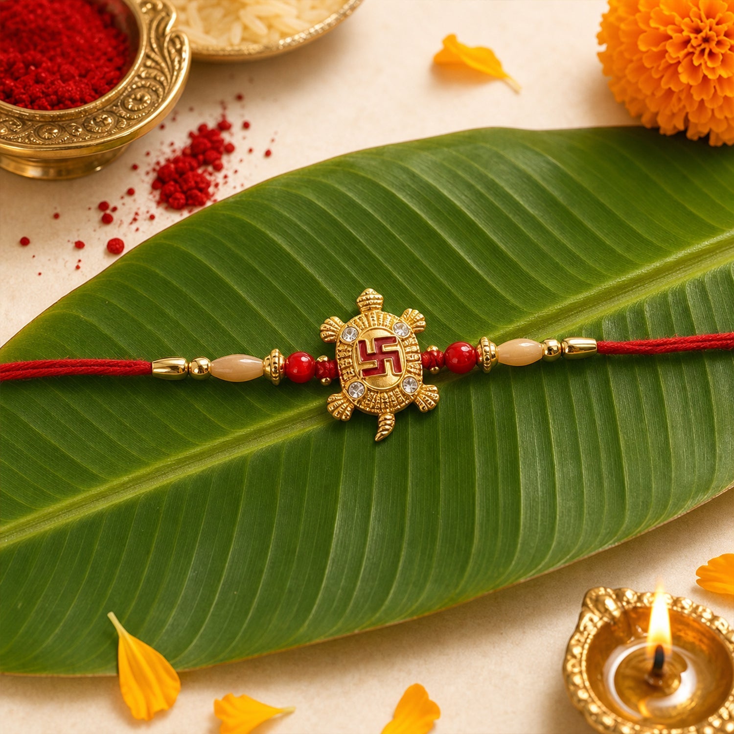 ALVENZA Rakshabandhan Turtle Swastik Rakhi – Elegant Red Thread Design