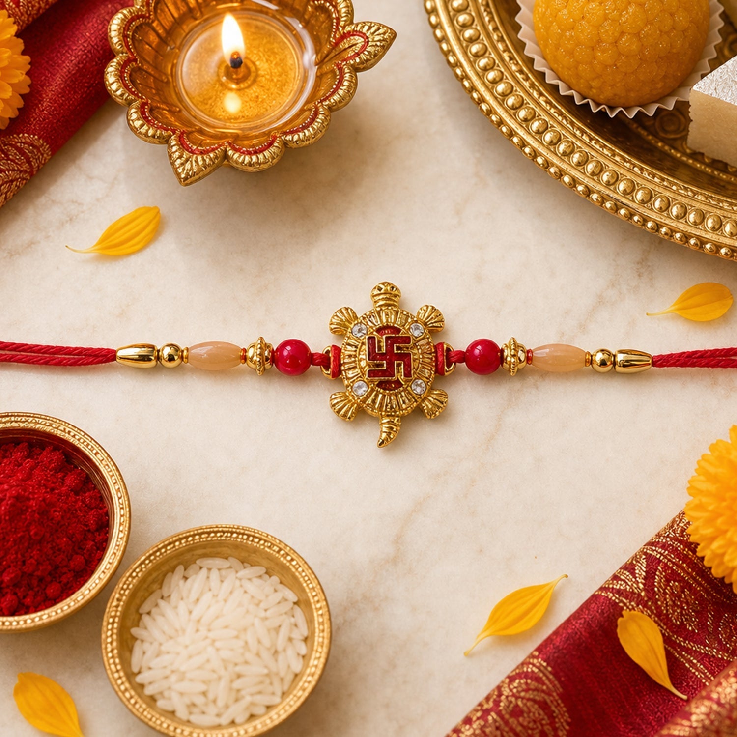ALVENZA Rakshabandhan Turtle Swastik Rakhi – Elegant Red Thread Design
