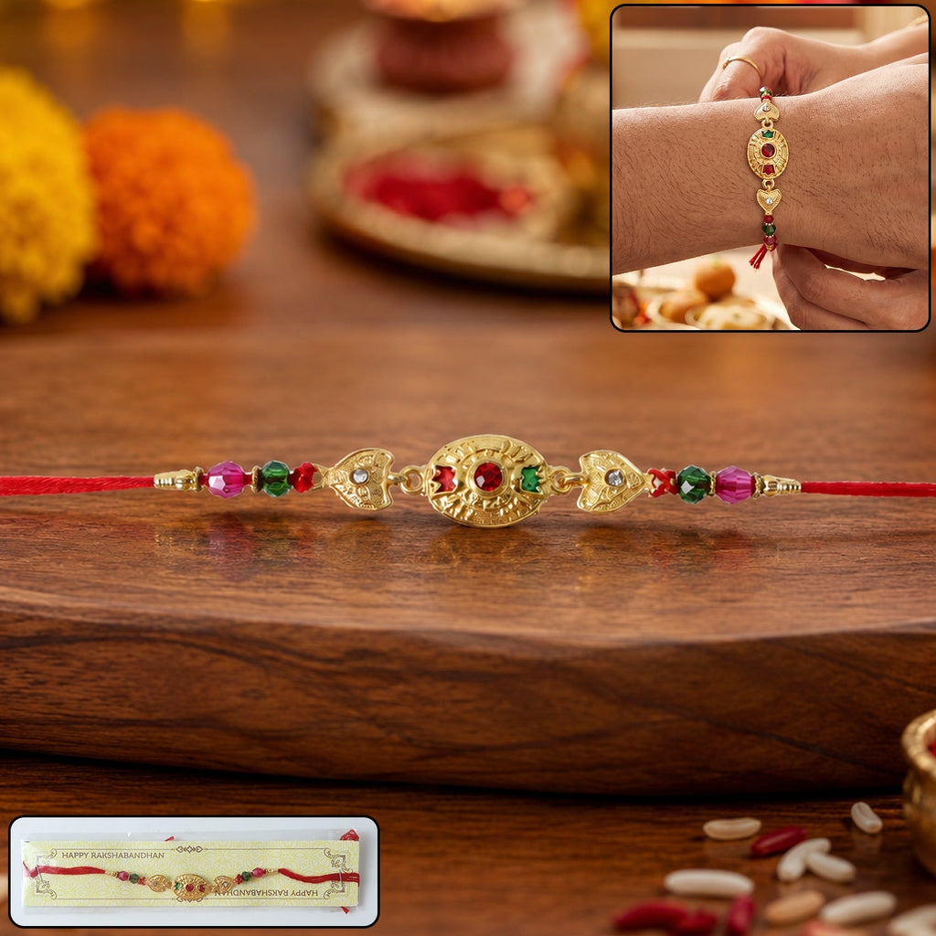 ALVENZA Shop Gold Stone Rakhi with Colourful Beads for Brothers