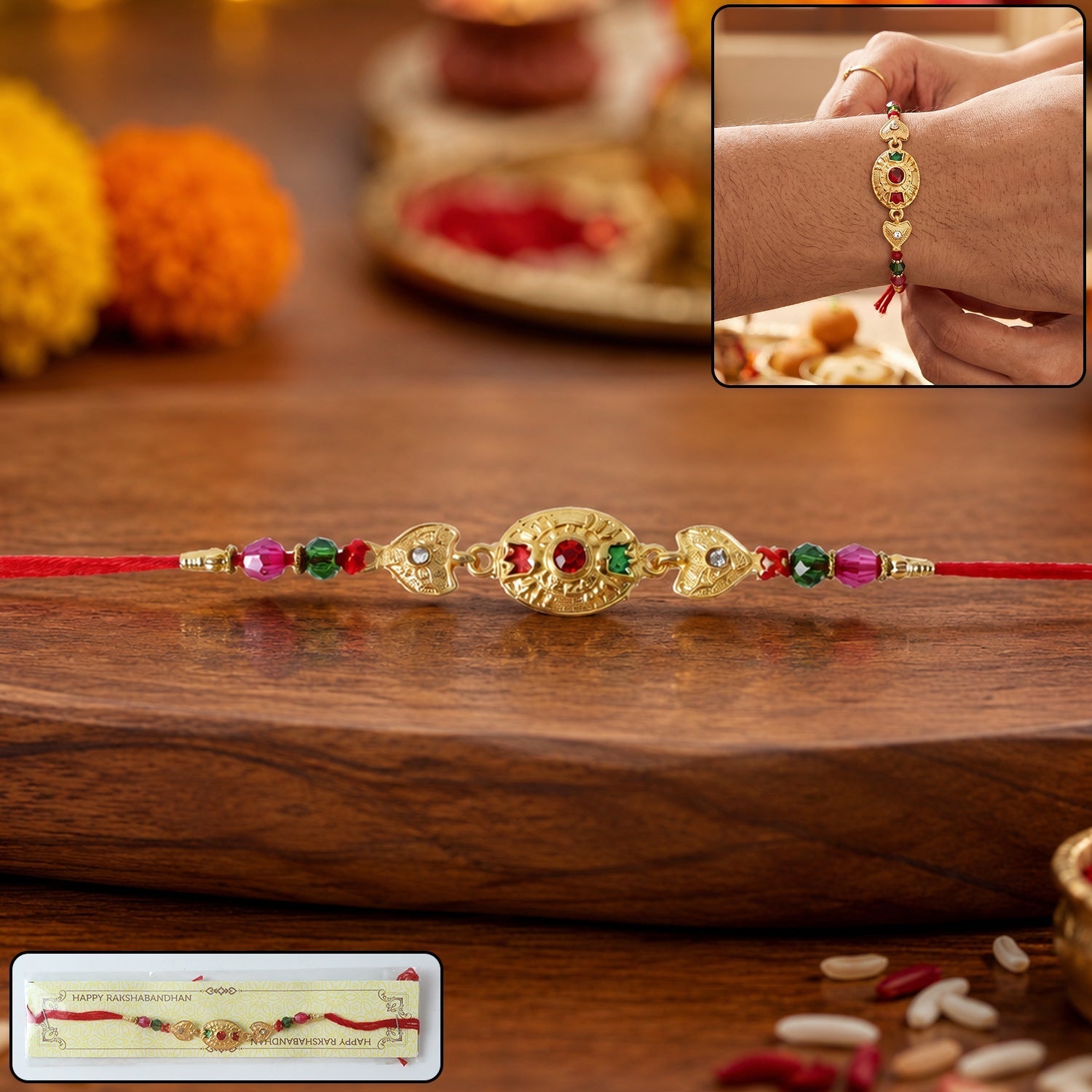 ALVENZA Shop Gold Stone Rakhi with Colourful Beads for Brothers