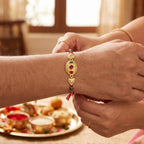 ALVENZA Shop Gold Stone Rakhi with Colourful Beads for Brothers