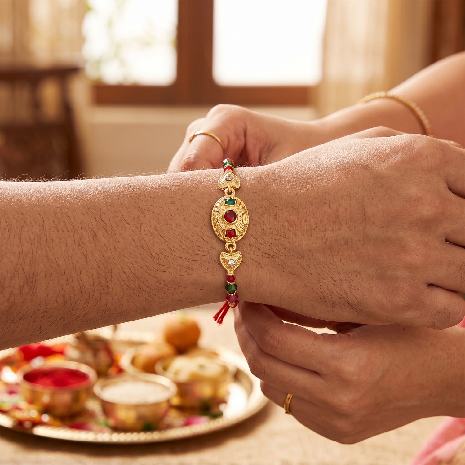 ALVENZA Shop Gold Stone Rakhi with Colourful Beads for Brothers
