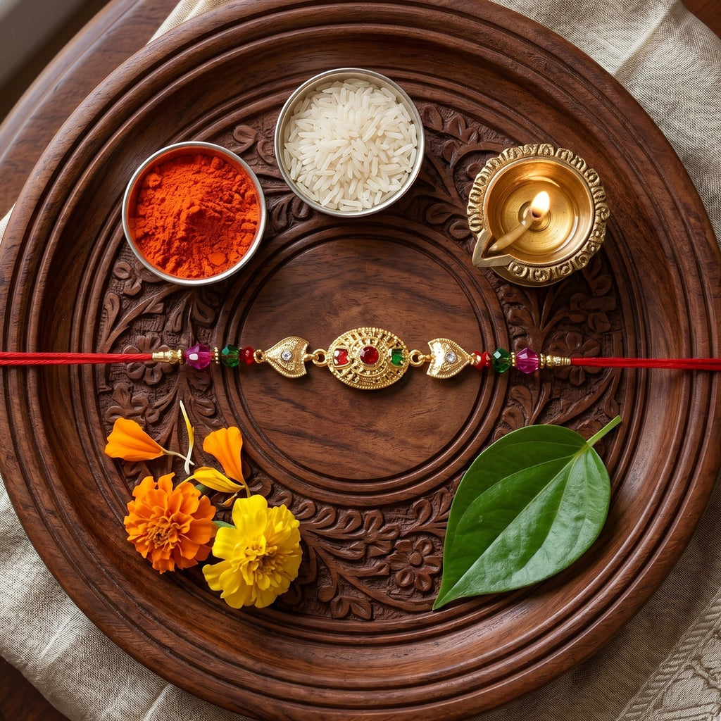 ALVENZA Shop Gold Stone Rakhi with Colourful Beads for Brothers