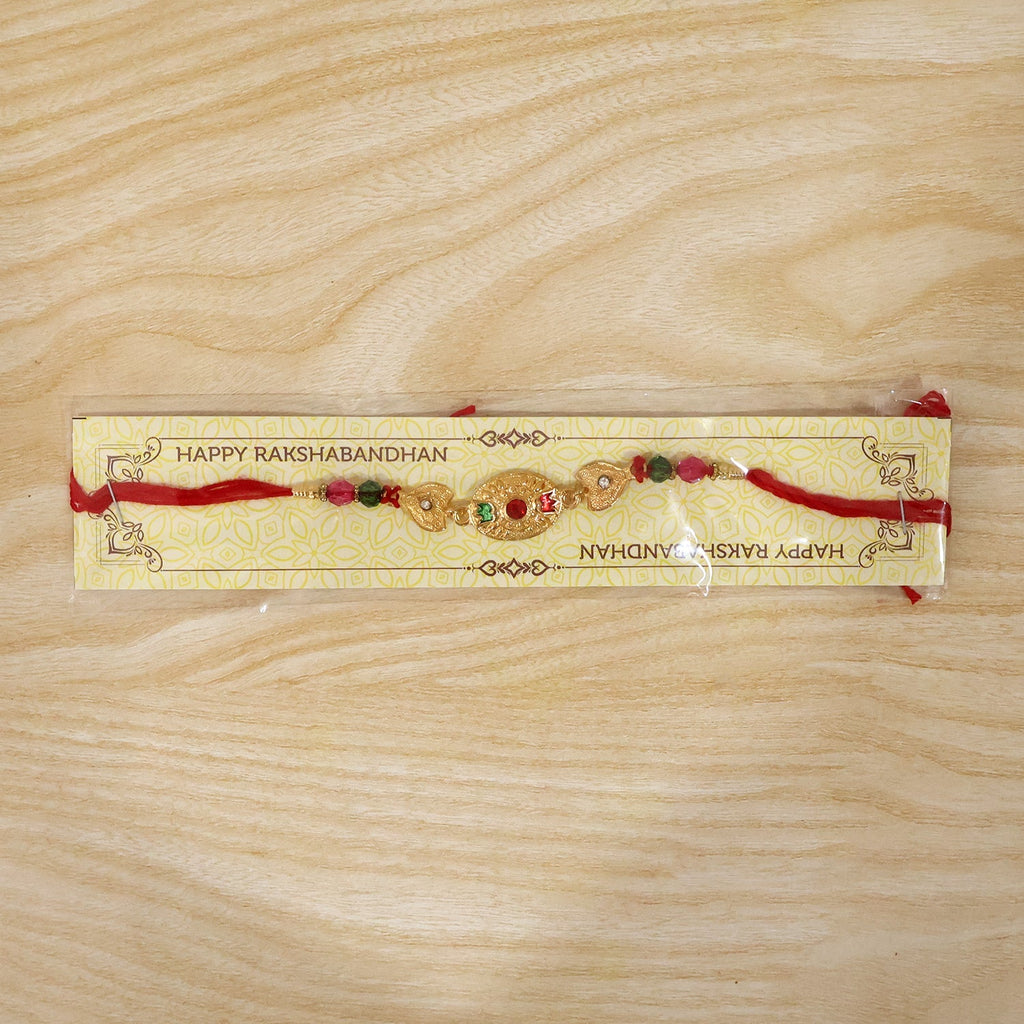 ALVENZA Shop Gold Stone Rakhi with Colourful Beads for Brothers