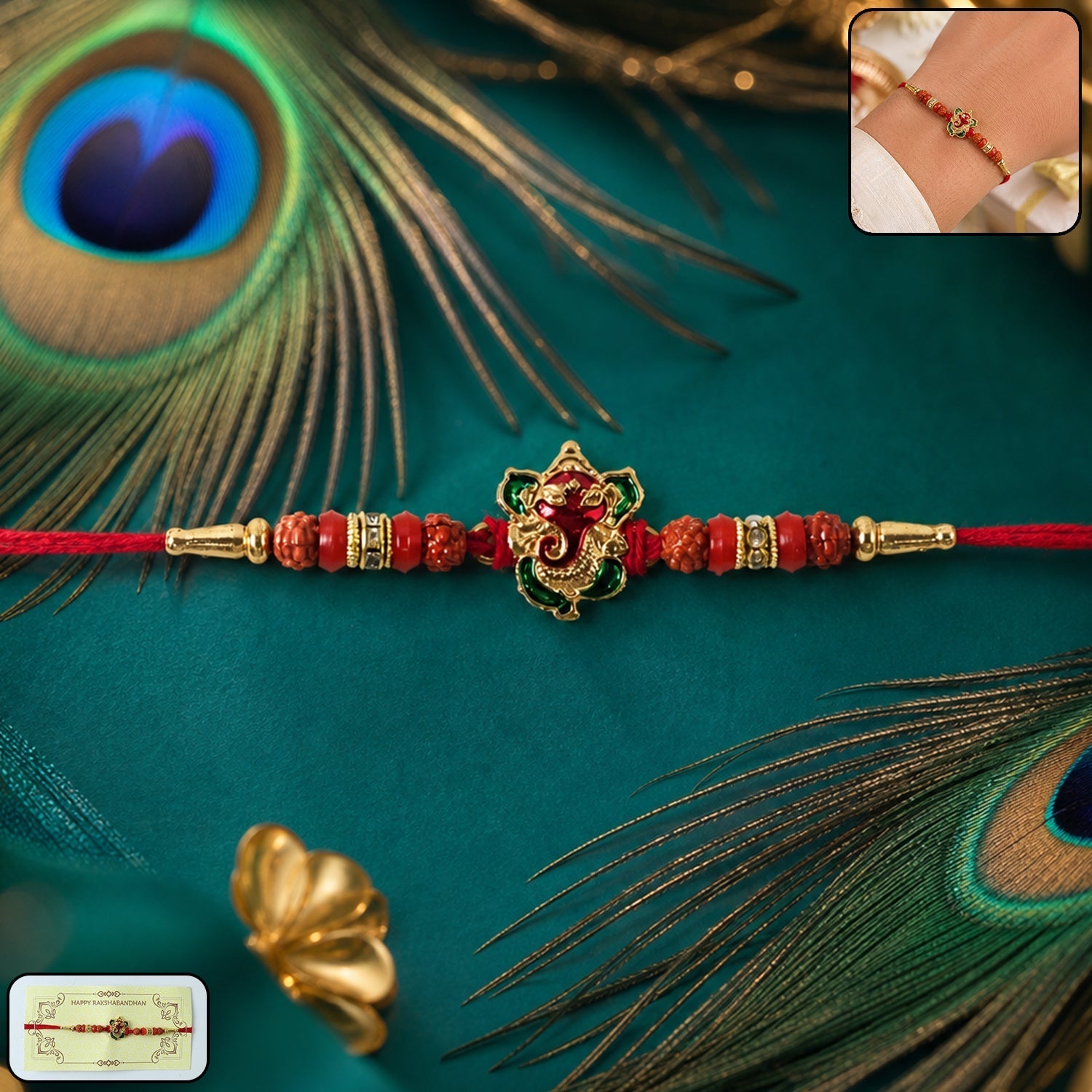 ALVENZA Ganesh Rudraksha Beads Rakhi – Traditional Blessing Gift for Brothers