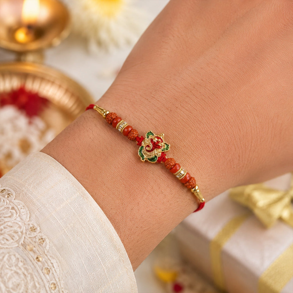 ALVENZA Ganesh Rudraksha Beads Rakhi – Traditional Blessing Gift for Brothers