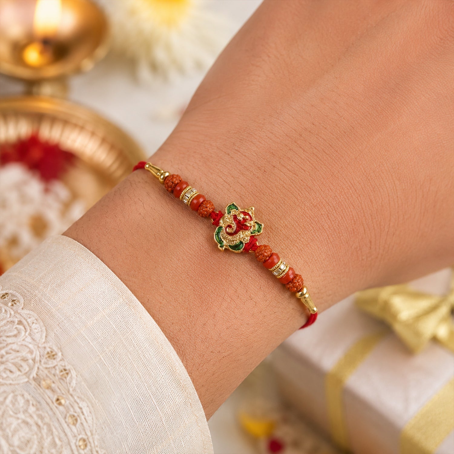 ALVENZA Ganesh Rudraksha Beads Rakhi – Traditional Blessing Gift for Brothers