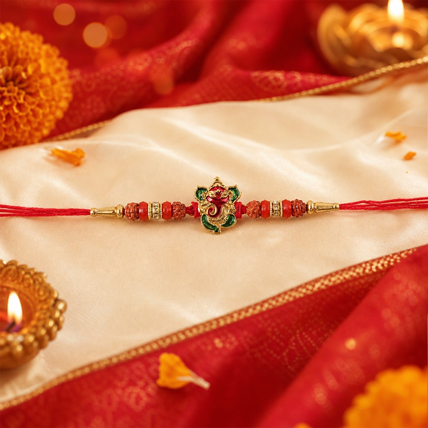 ALVENZA Ganesh Rudraksha Beads Rakhi – Traditional Blessing Gift for Brothers