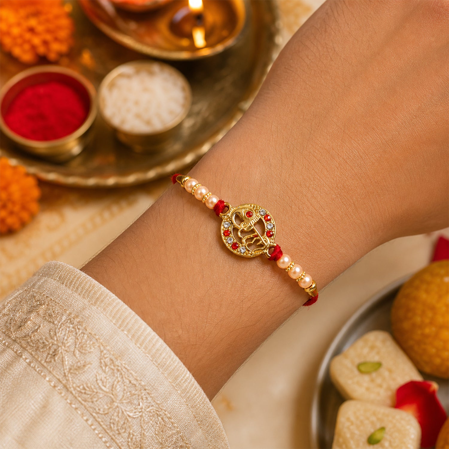 ALVENZA Rakhi – Elegant pearl bead design with red thread for siblings