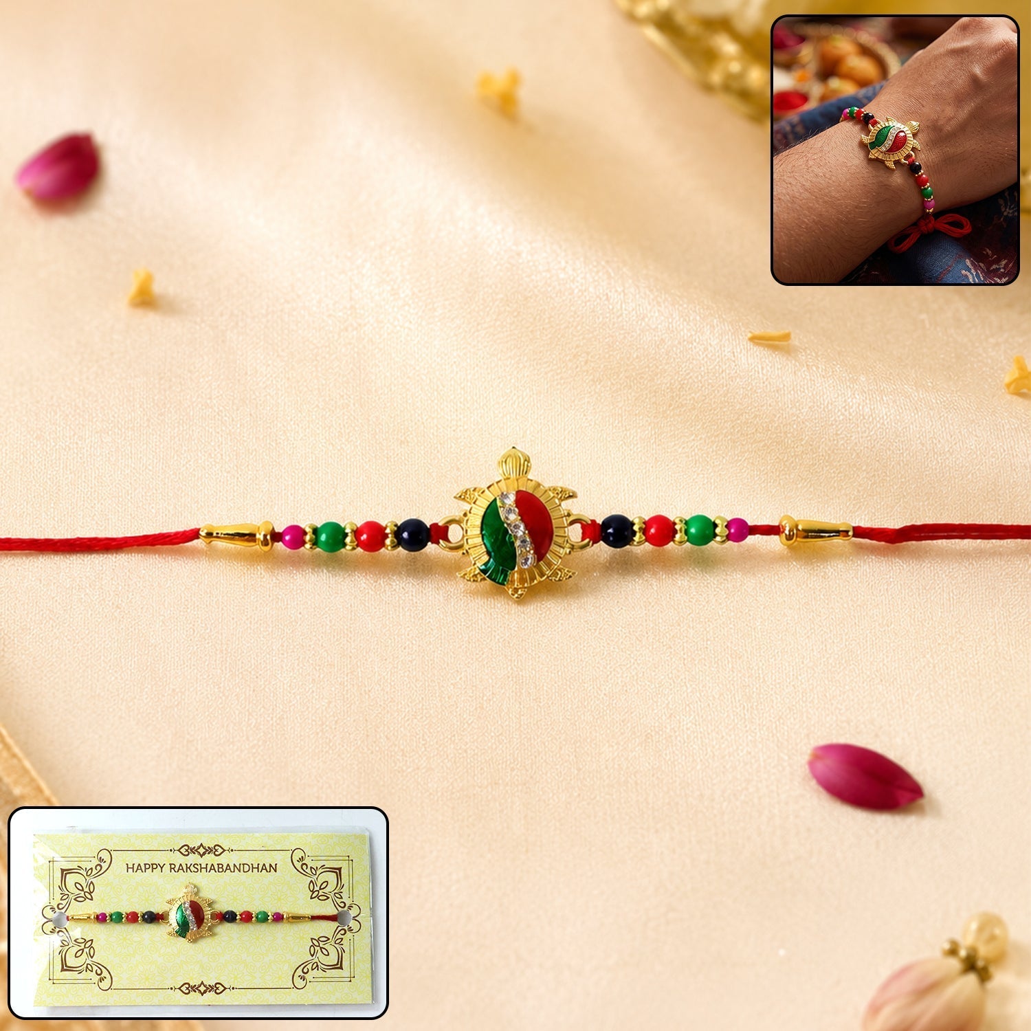 ALVENZA Rakhi – Elegant Turtle Design with Stone Work & Red Thread