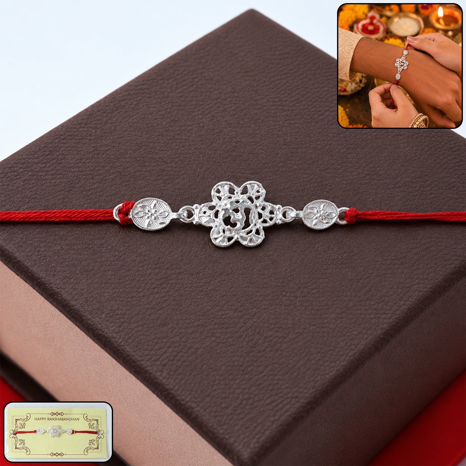 ALVENZA Silver Floral Om Rakhi – Elegant Red Thread for Rakshabandhan