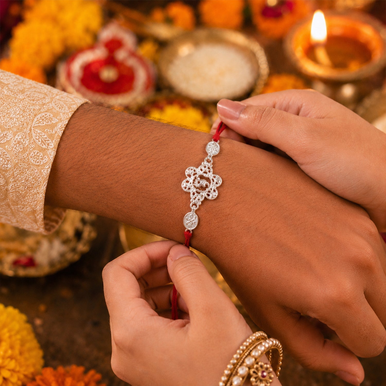 ALVENZA Silver Floral Om Rakhi – Elegant Red Thread for Rakshabandhan