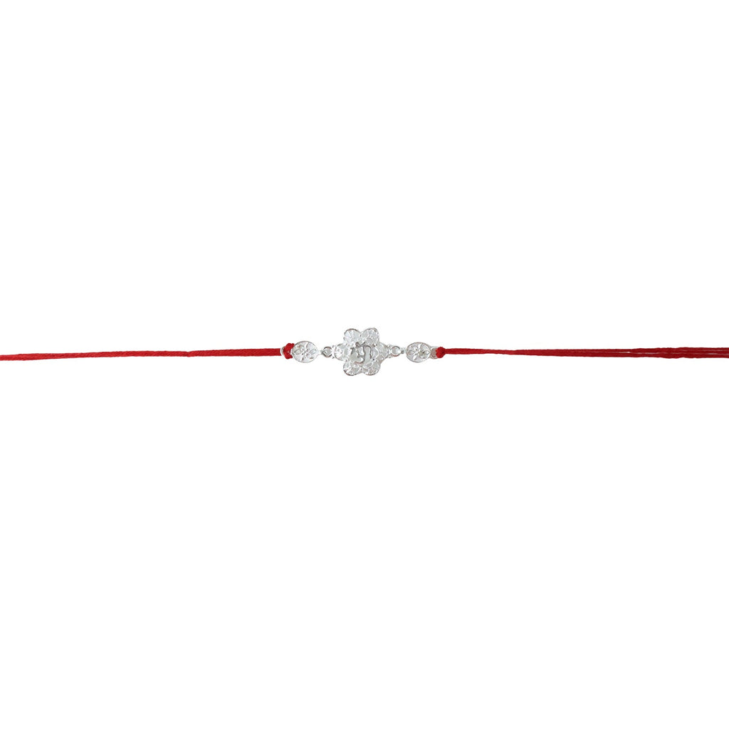 ALVENZA Silver Floral Om Rakhi – Elegant Red Thread for Rakshabandhan