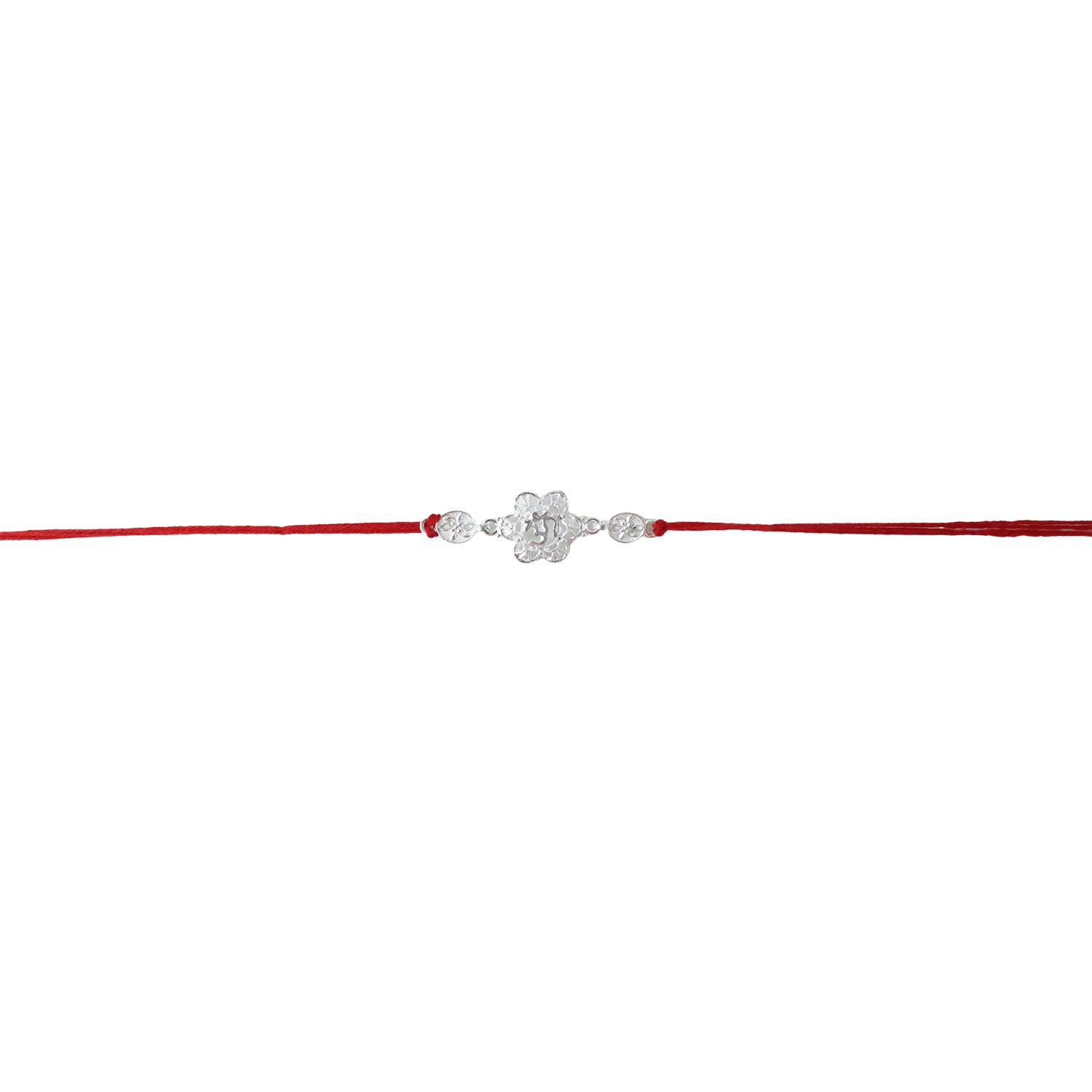 ALVENZA Silver Floral Om Rakhi – Elegant Red Thread for Rakshabandhan