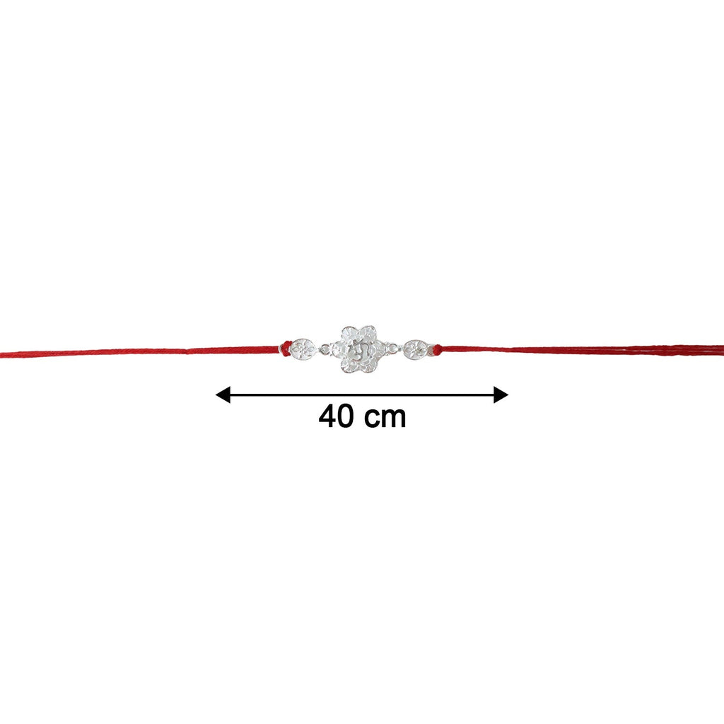 ALVENZA Silver Floral Om Rakhi – Elegant Red Thread for Rakshabandhan