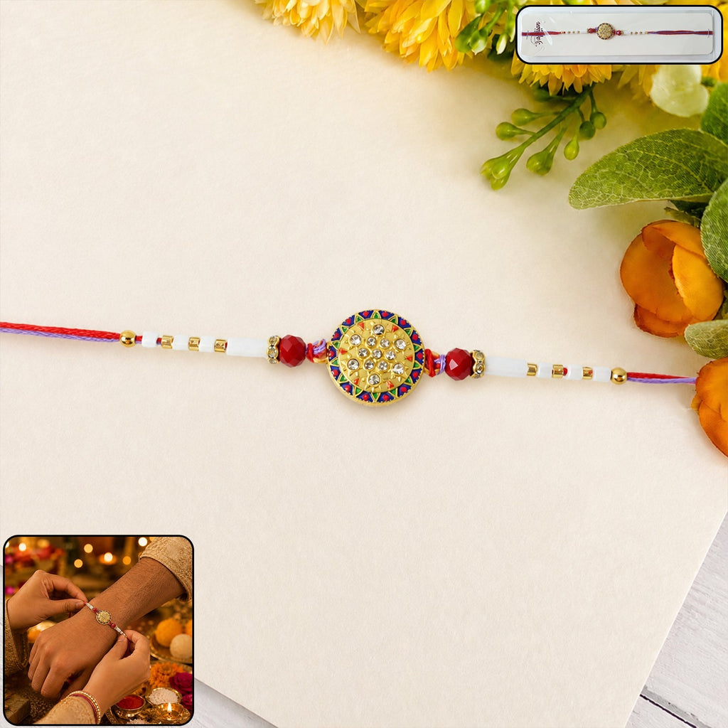 ALVENZA Round Stone Rakhi – Elegant White Beads for Rakshabandhan