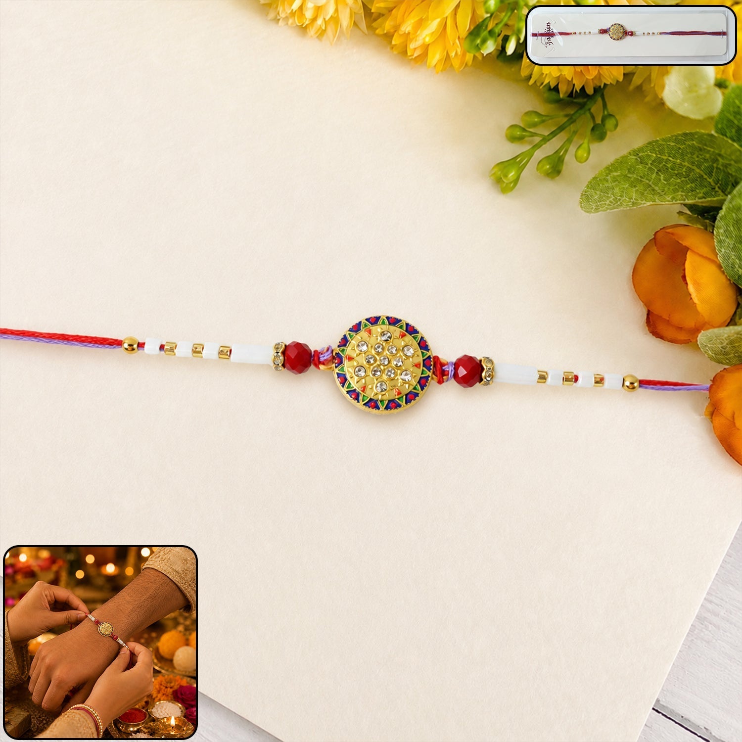 ALVENZA Round Stone Rakhi – Elegant White Beads for Rakshabandhan