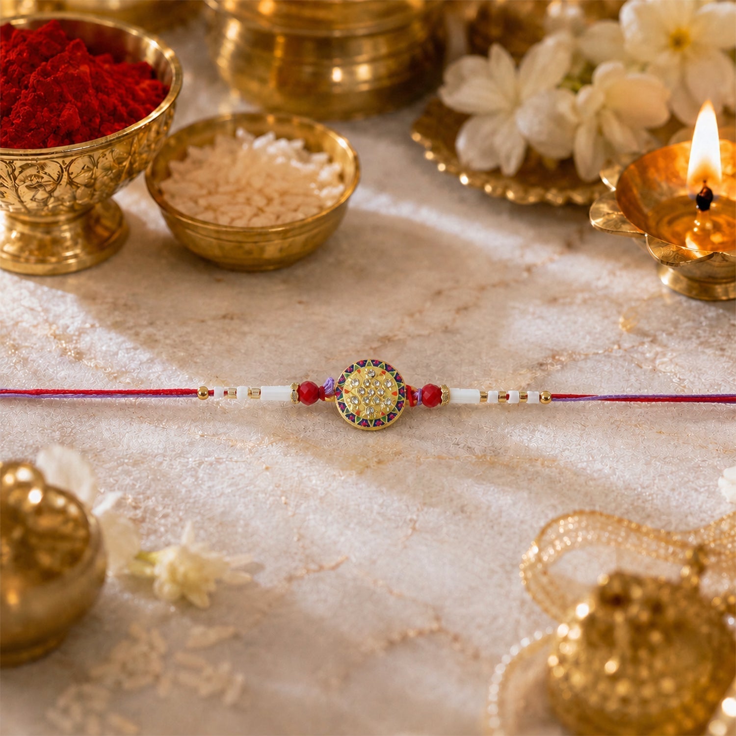 ALVENZA Round Stone Rakhi – Elegant White Beads for Rakshabandhan
