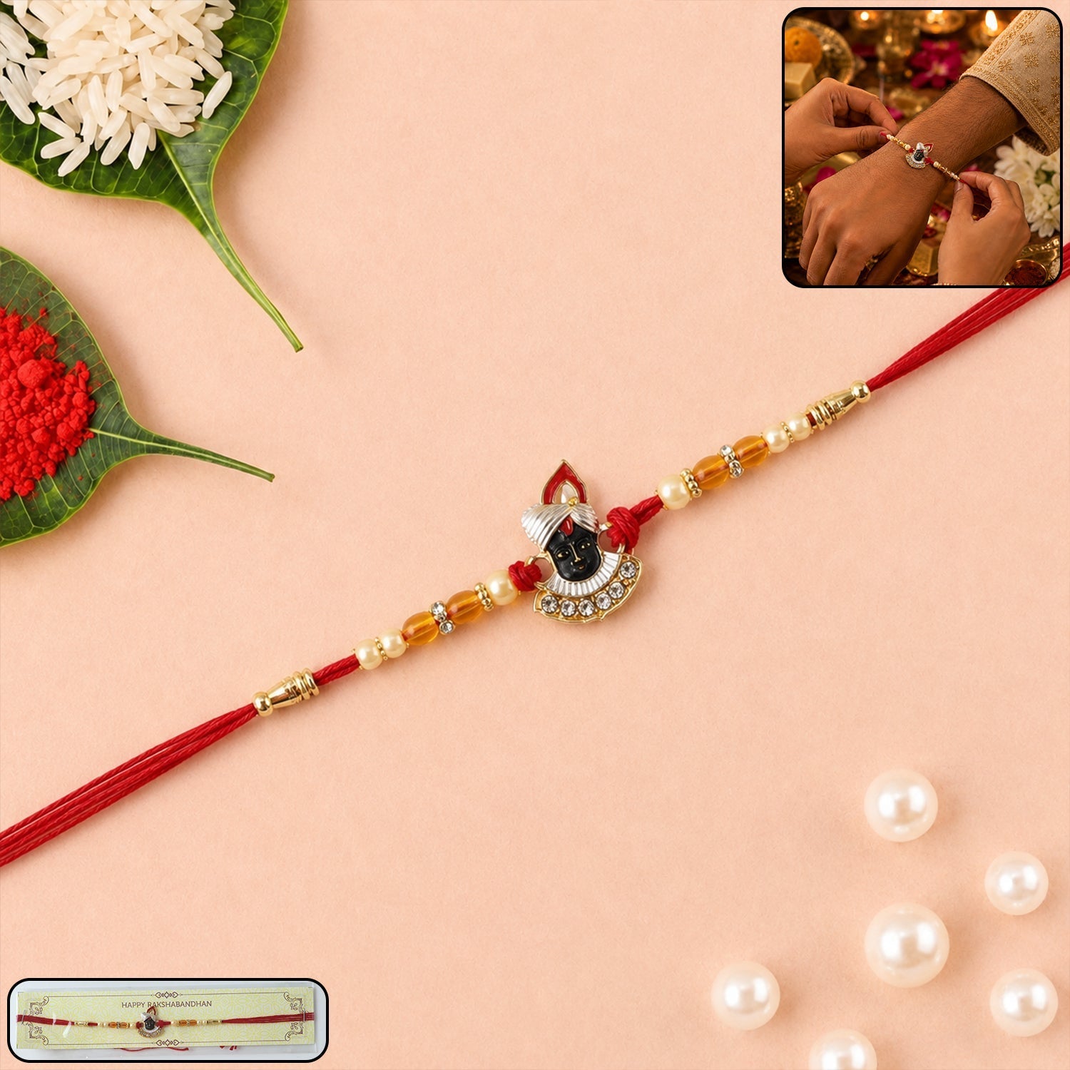ALVENZA Rakhi – Elegant Pearl Beads & Red Thread for Brothers