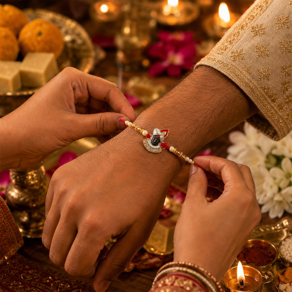 ALVENZA Rakhi – Elegant Pearl Beads & Red Thread for Brothers