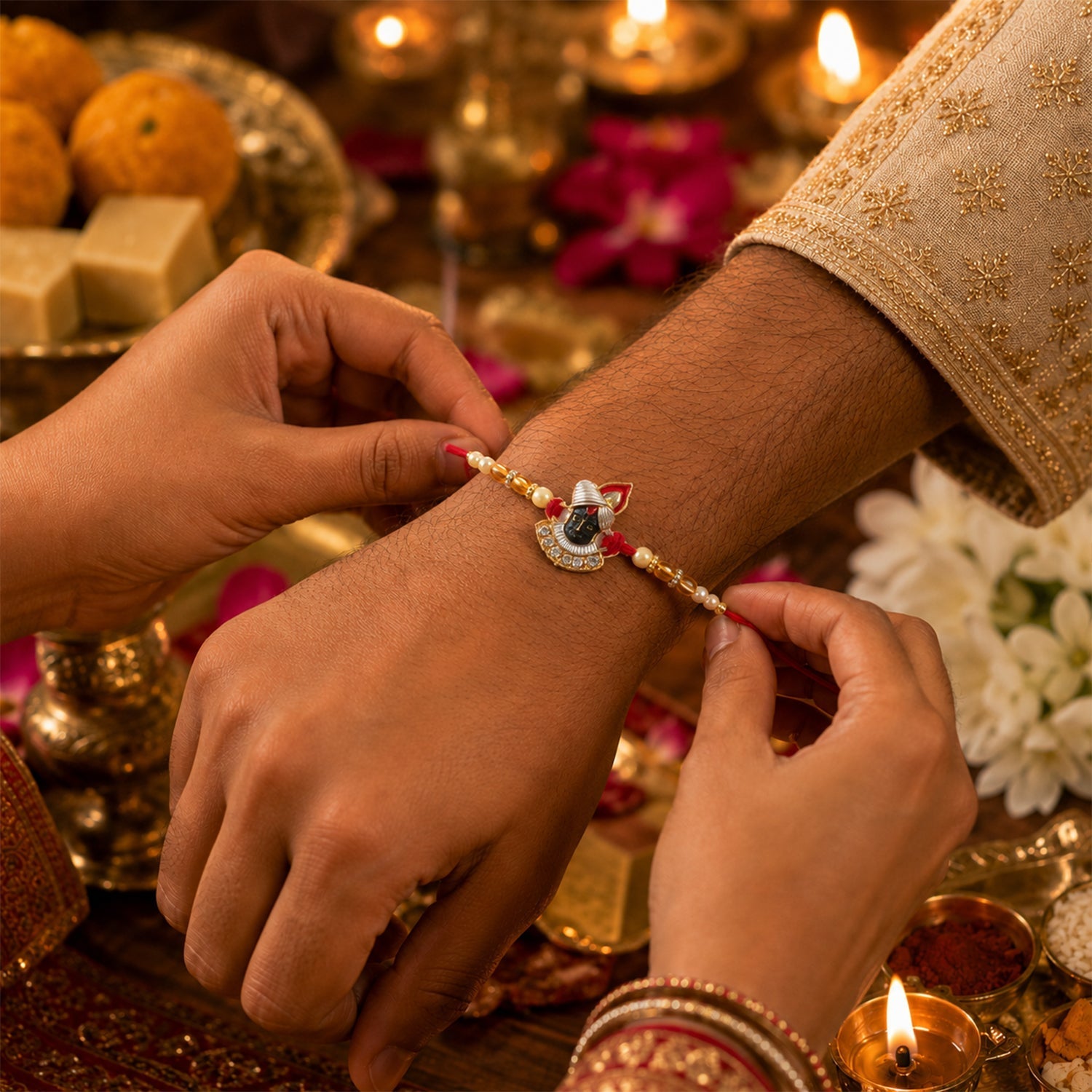 ALVENZA Rakhi – Elegant Pearl Beads & Red Thread for Brothers