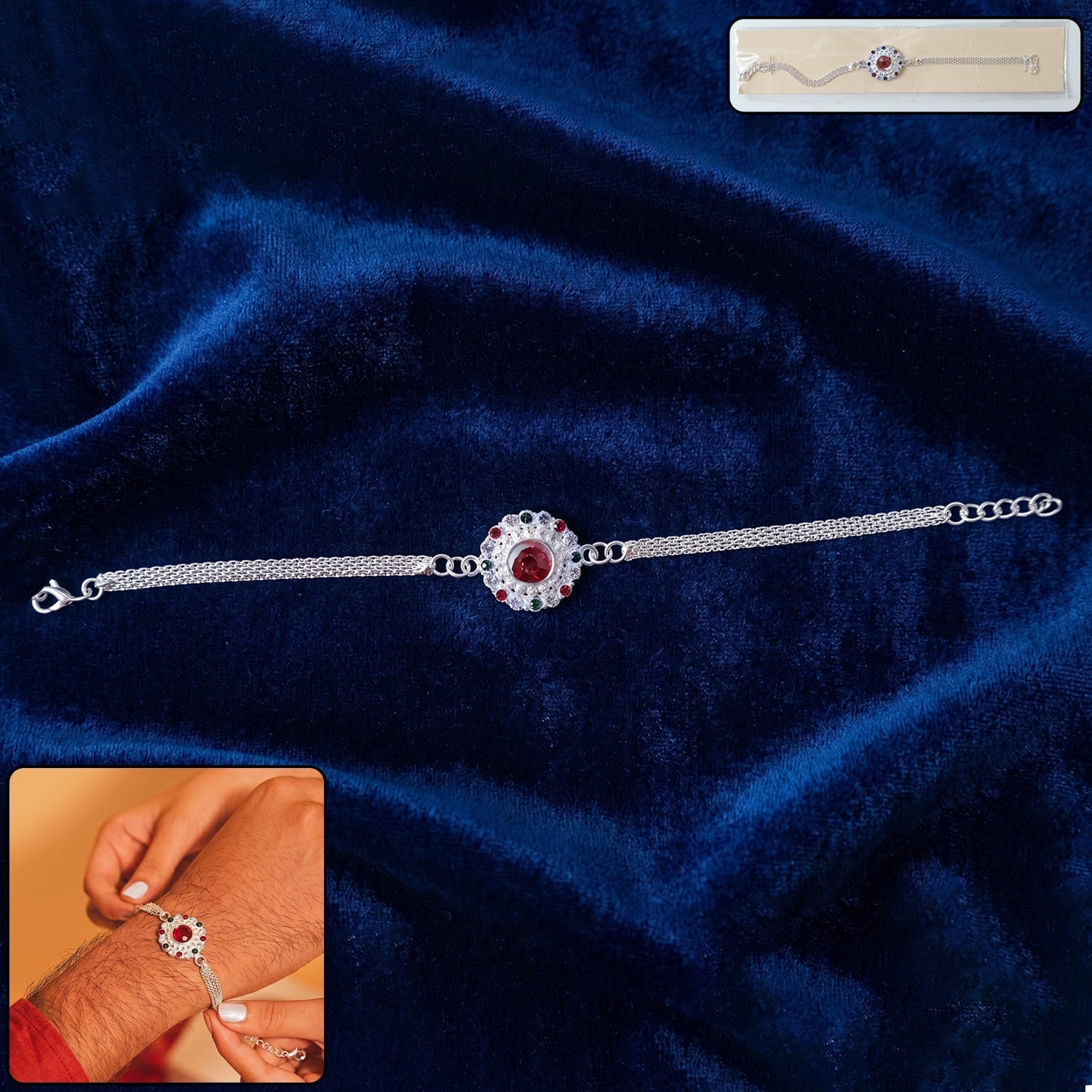 ALVENZA Silver Stone Chain Rakhi - Elegant & Durable Design