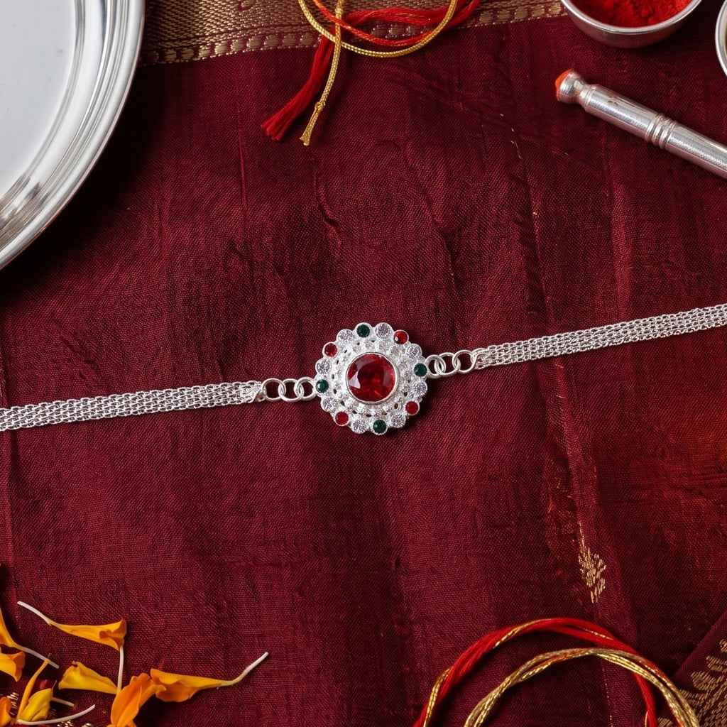 ALVENZA Silver Stone Chain Rakhi - Elegant & Durable Design