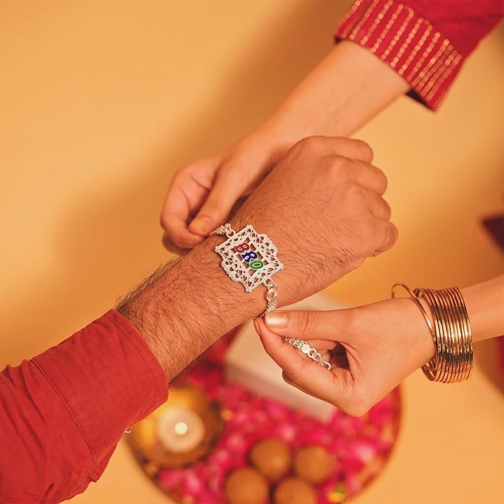 ALVENZA Silver Rakhi for Brother - Elegant Designer Square Frame