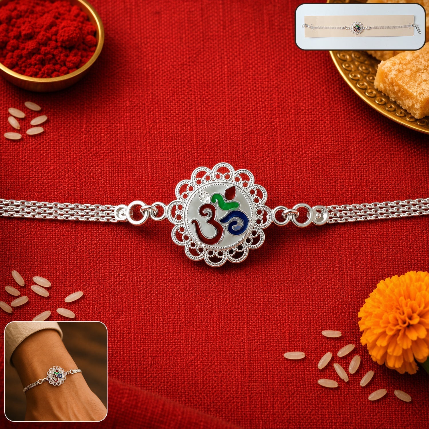 ALVENZA Silver Om Chain Rakhi – Elegant & Meaningful Festival Gift
