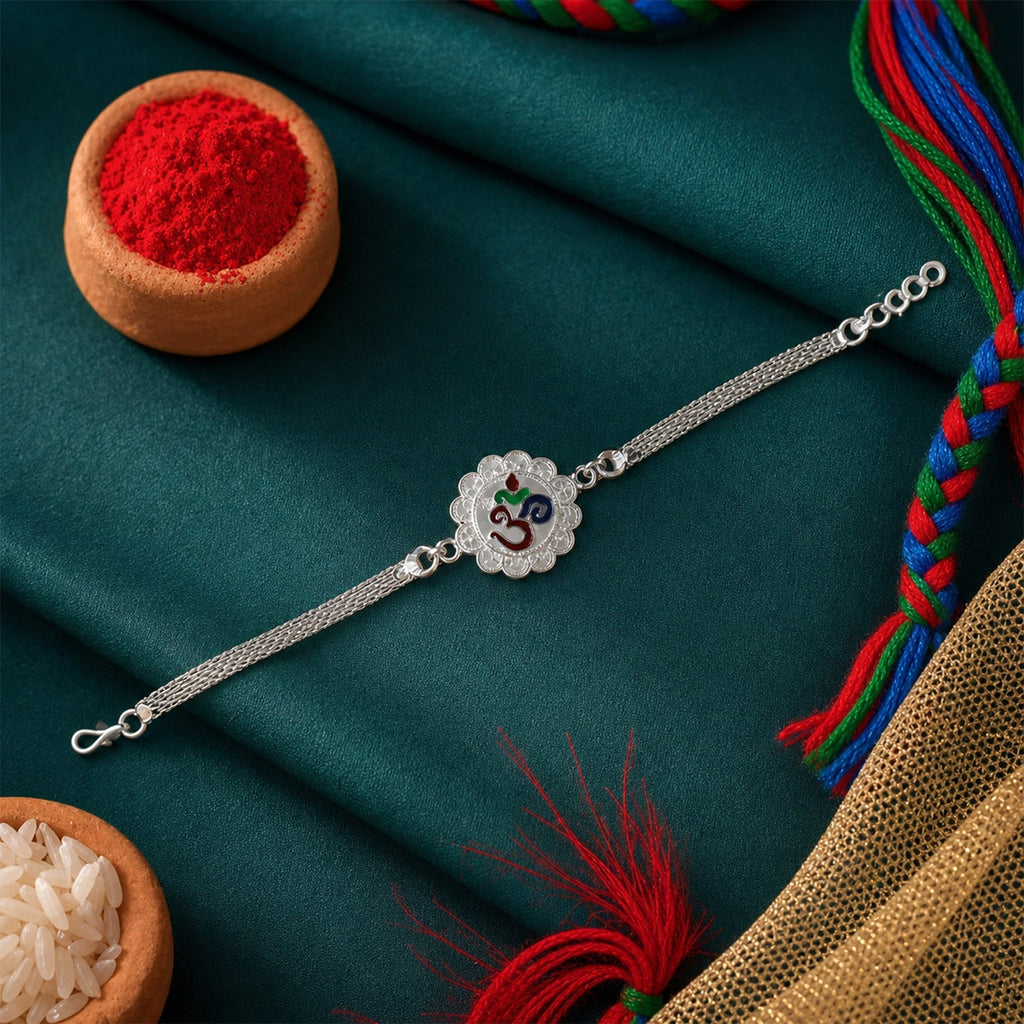 ALVENZA Silver Om Chain Rakhi – Elegant & Meaningful Festival Gift