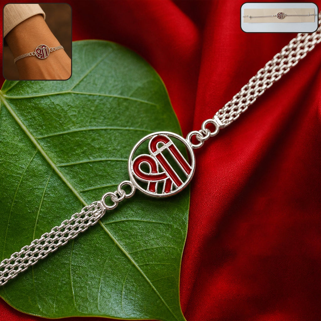 ALVENZA Rakhi – Elegant Silver Shree Chain with Round Center Plate