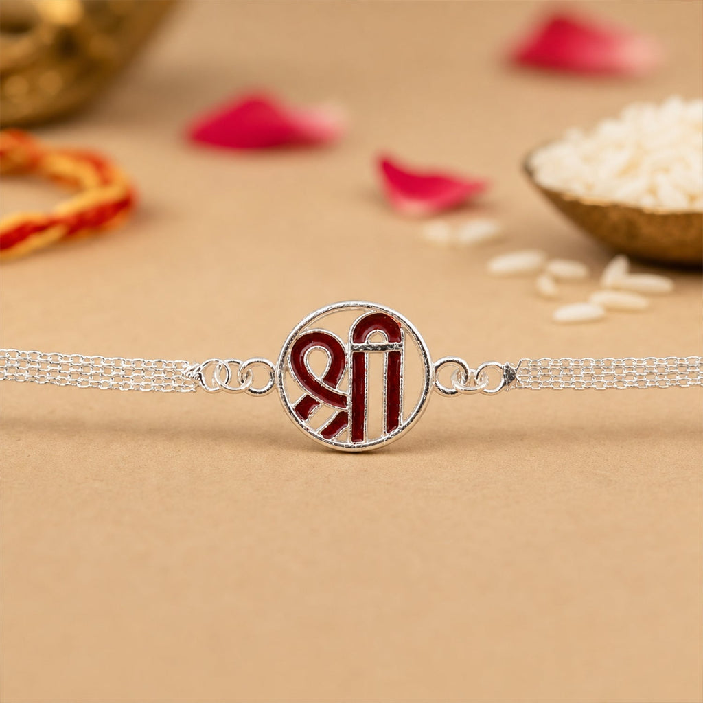 ALVENZA Rakhi – Elegant Silver Shree Chain with Round Center Plate