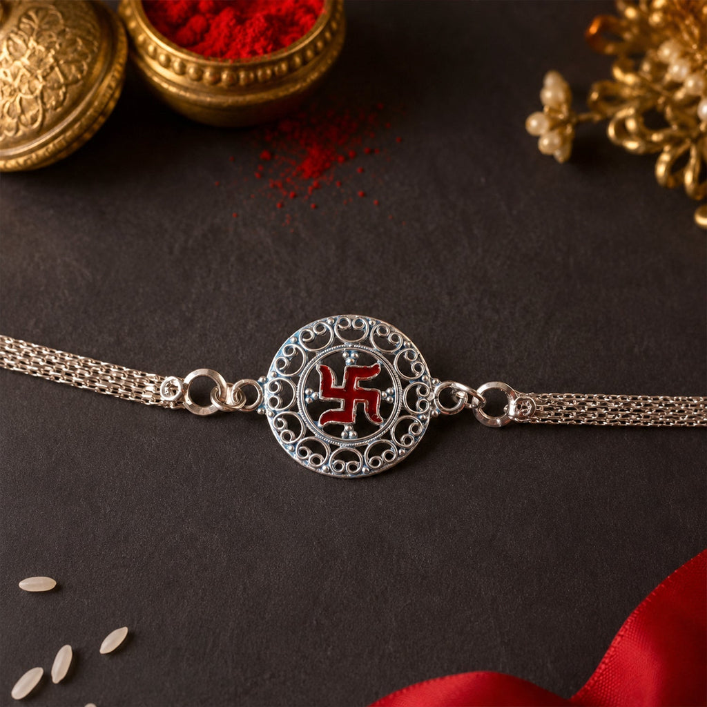 ALVENZA Rakshabandhan Silver Swastik Rakhi – Elegant Designer Gift