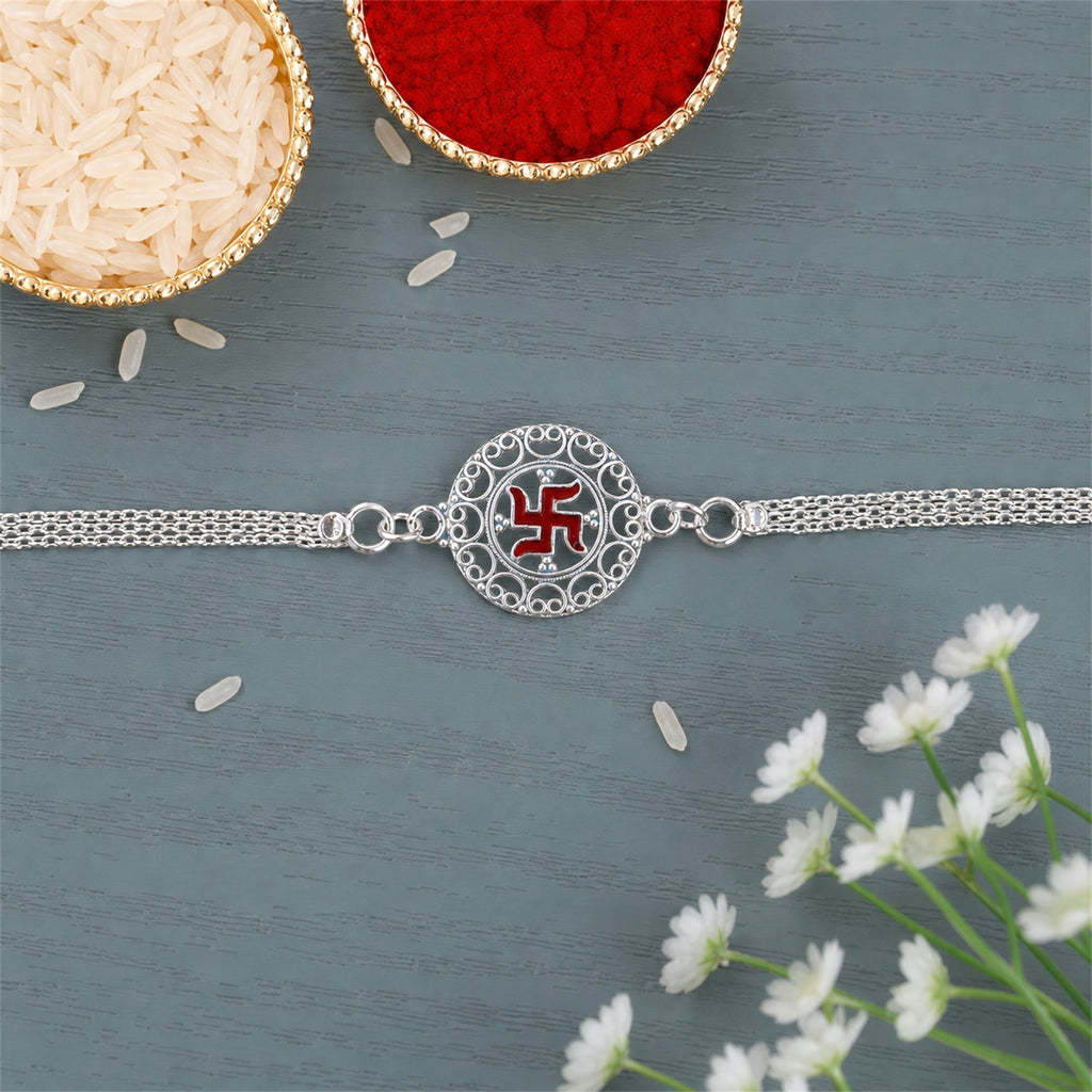 ALVENZA Rakshabandhan Silver Swastik Rakhi – Elegant Designer Gift
