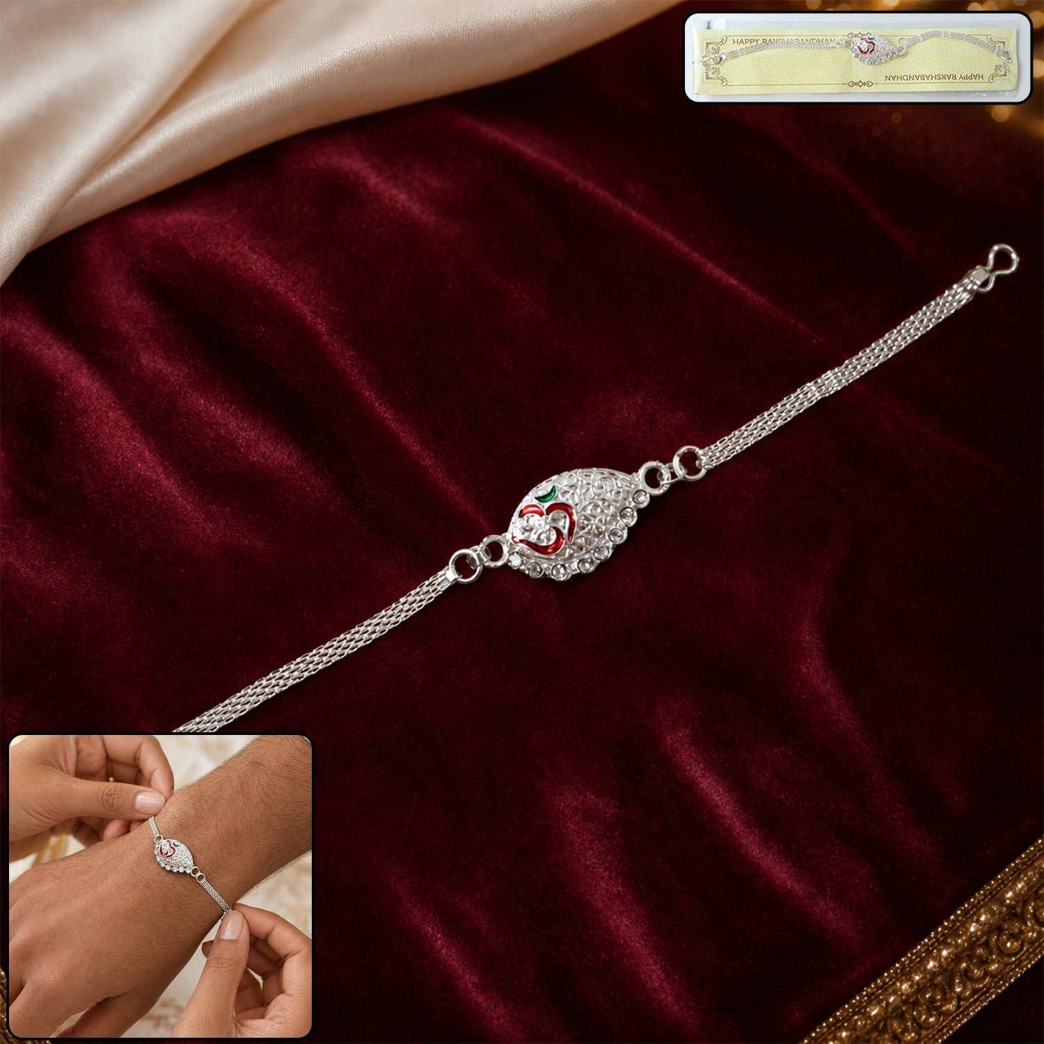 ALVENZA Silver Om Chain Rakhi – Elegant & Lightweight Design for Raksha Bandhan